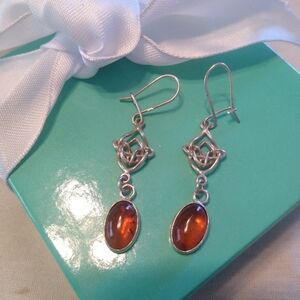 Sterling Silver + Amber Celtic Knot Dangle Earrings, Artisan Made